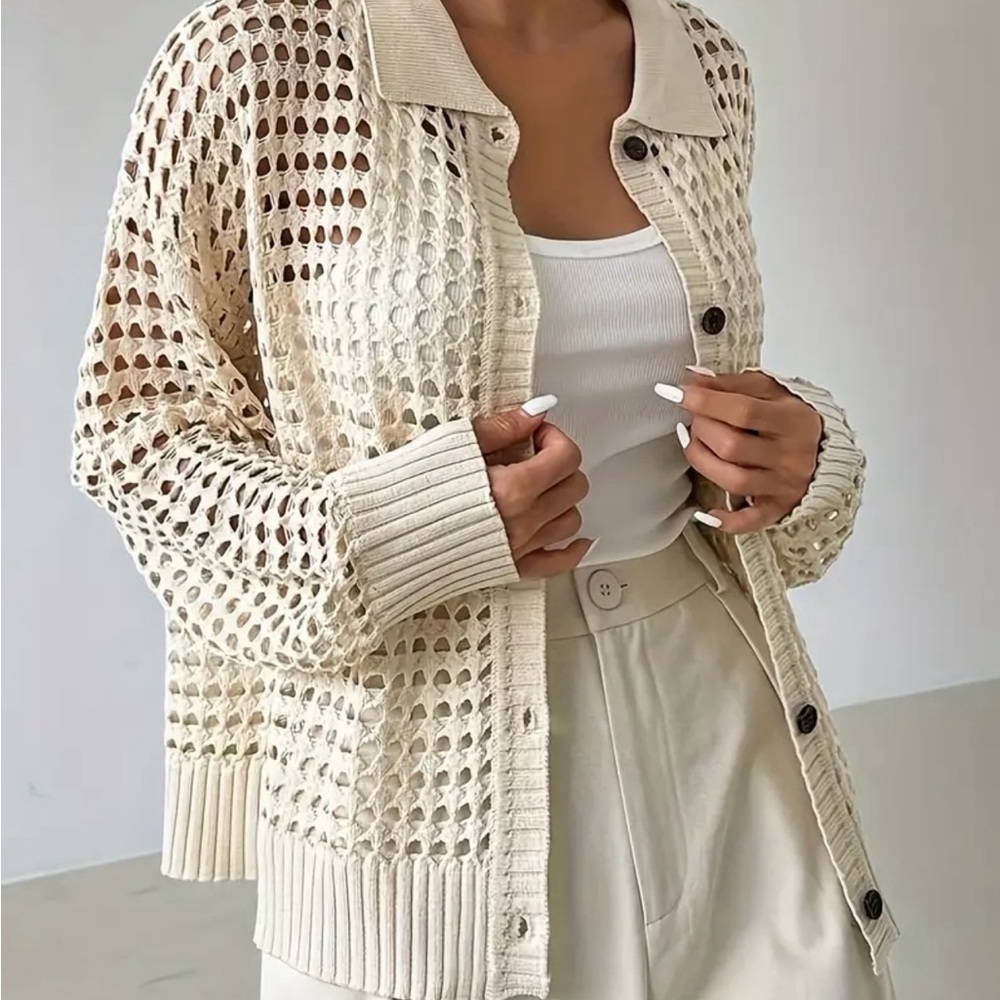 SALE, TODAY ONLT! PRICE FIRM! Cream Crochet Cardigan Button Front Knit Sweater - Picture 2 of 5